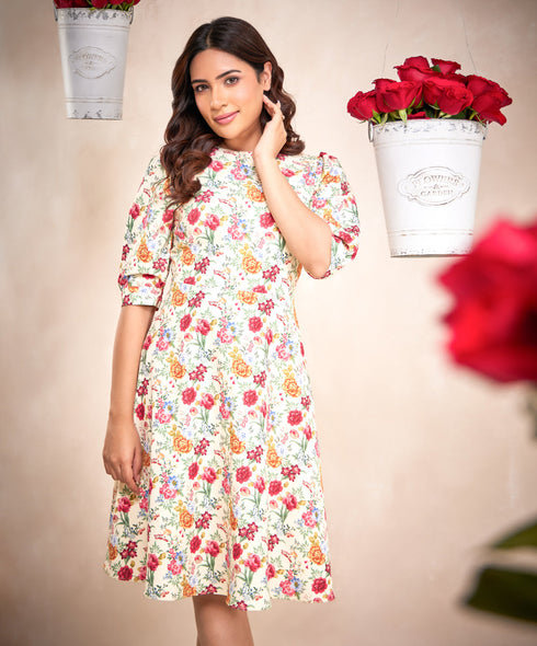 Puffed Sleeve Skater Cream Printed Dress